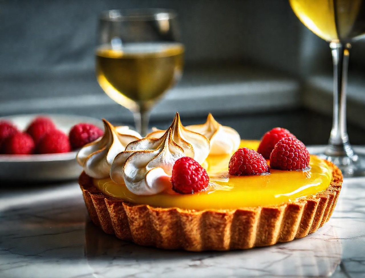 Lemon meringue tart with raspberries and a glass of dessert wine