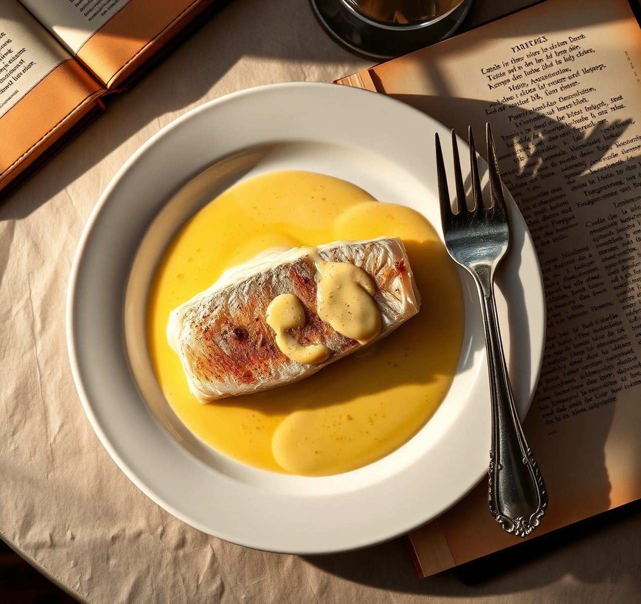 Sole meunière with beurre blanc beside a vintage cookbook