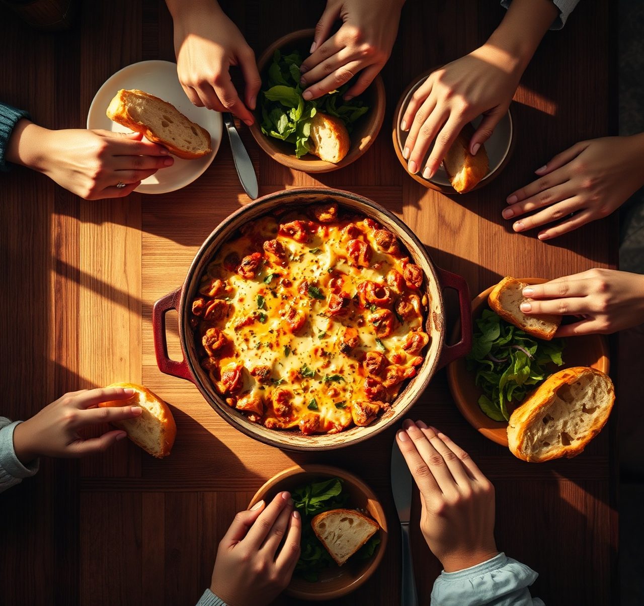 A family sharing lasagne, salad and garlic bread around a wooden table