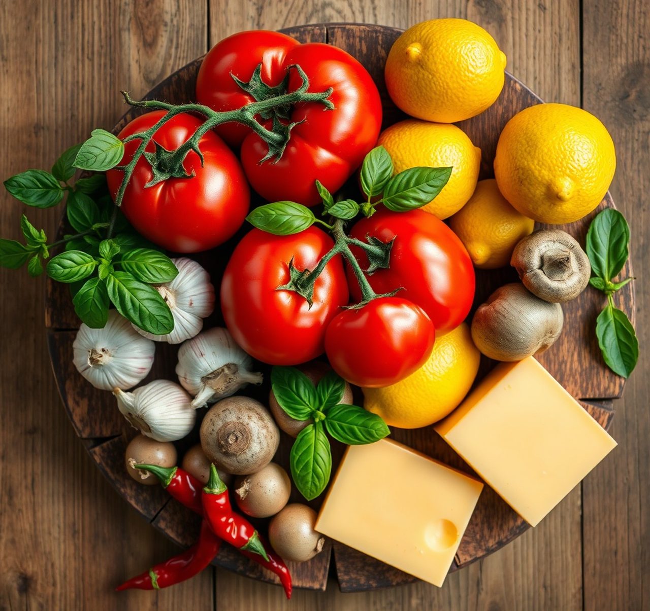 Fresh tomatoes, basil, lemons, garlic, mushrooms and cheese on a wooden board