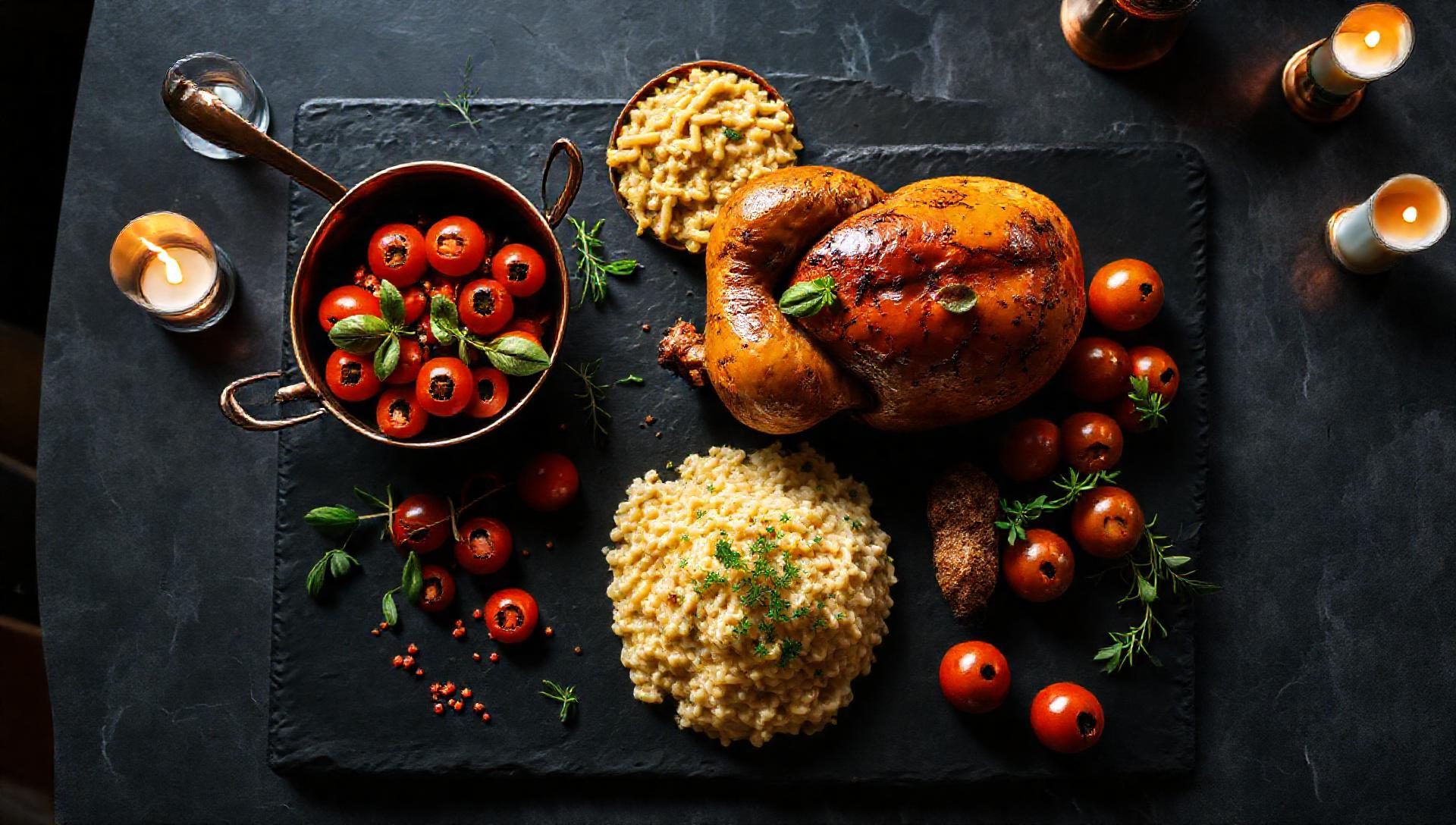 A candlelit chef's table: roast saffron chicken, risotto, cherry tomatoes and herbs on dark slate