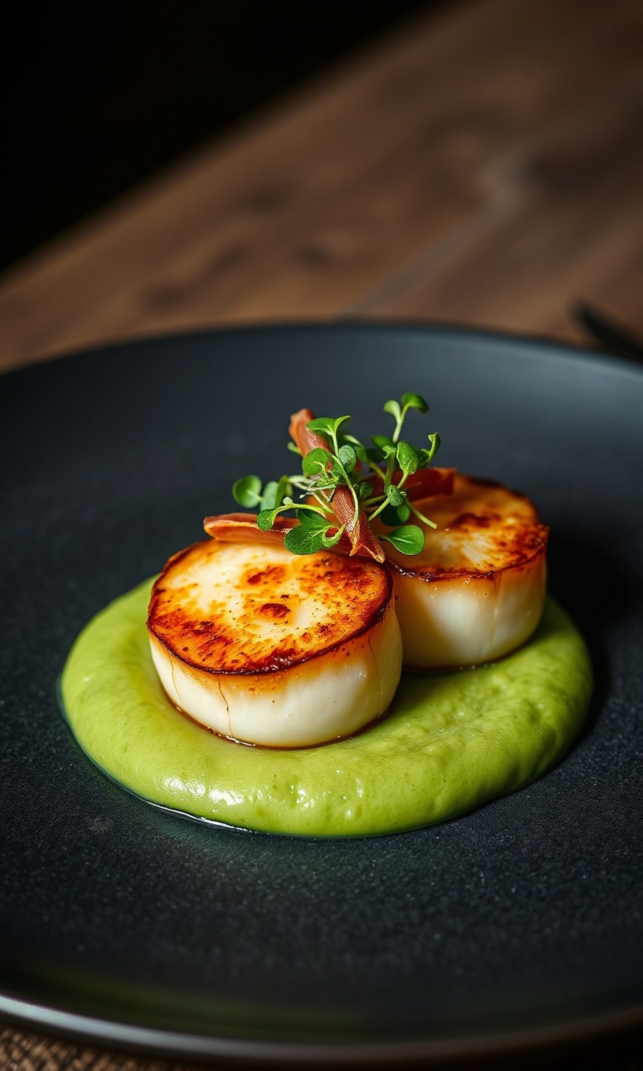Seared scallops on pea purée, dramatically lit